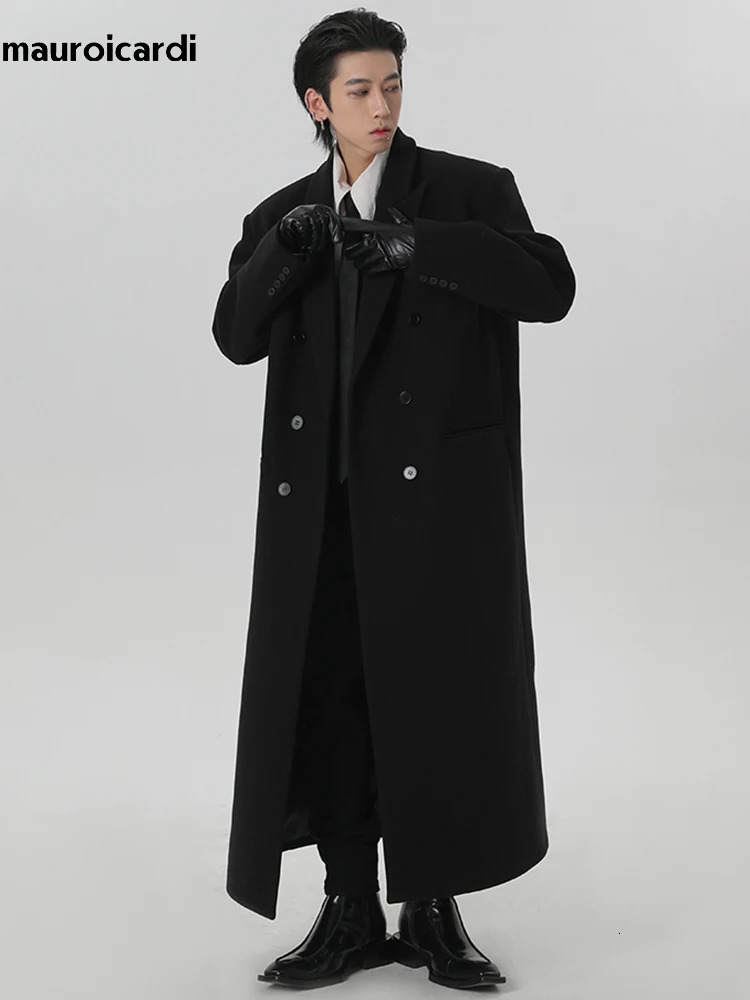 Mauroicardi Autumn Winter Extra Long Black Oversized Warm Wool Blends Coat Men Shoulder Pads Double Breasted Outerwear 251016