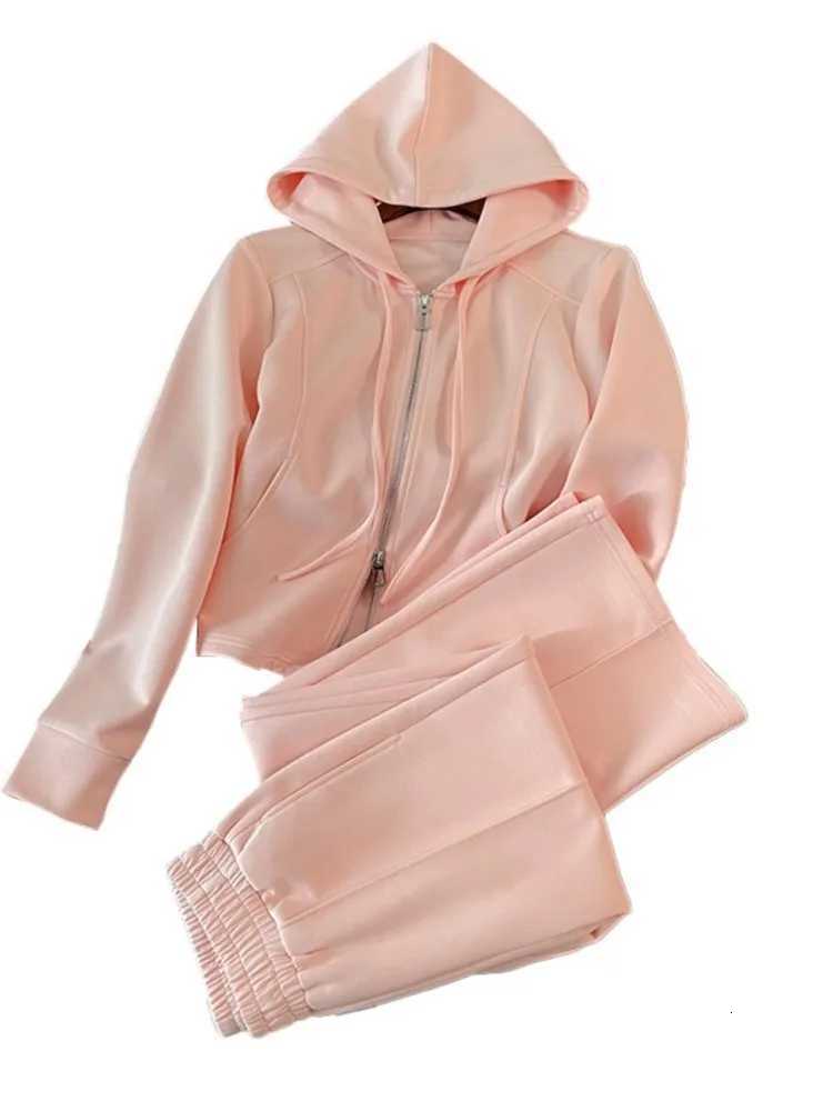 Fashion Solid Color Long Pant Twopiece Set For Woman Casual Hoodie Coats Wideleg Pants Suit Autumn Winter Ladies Office OutfitT251022