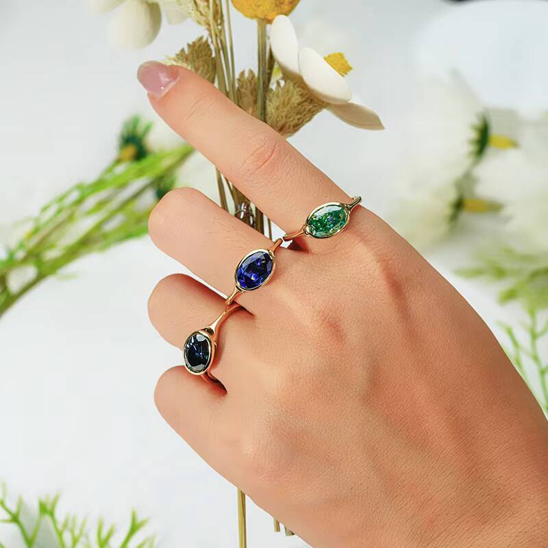 Starsgem Top Selling 14K Solid Yellow Gold Bezel Set WestEast Oval Moissanite Pink Sapphire Gemstone Engagement Rings