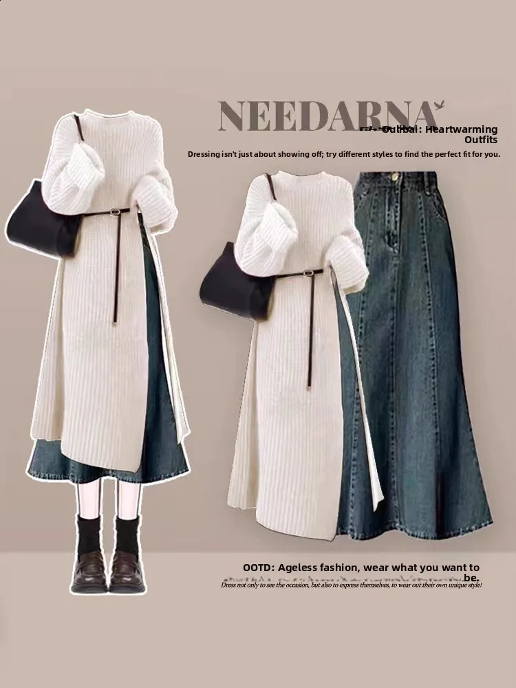 Hebe Sle Autumn Winter Knitted Sweater And Denim Skirt Set Womens Loose Fit Long Sve round Ne Two Piece Outfit 251022