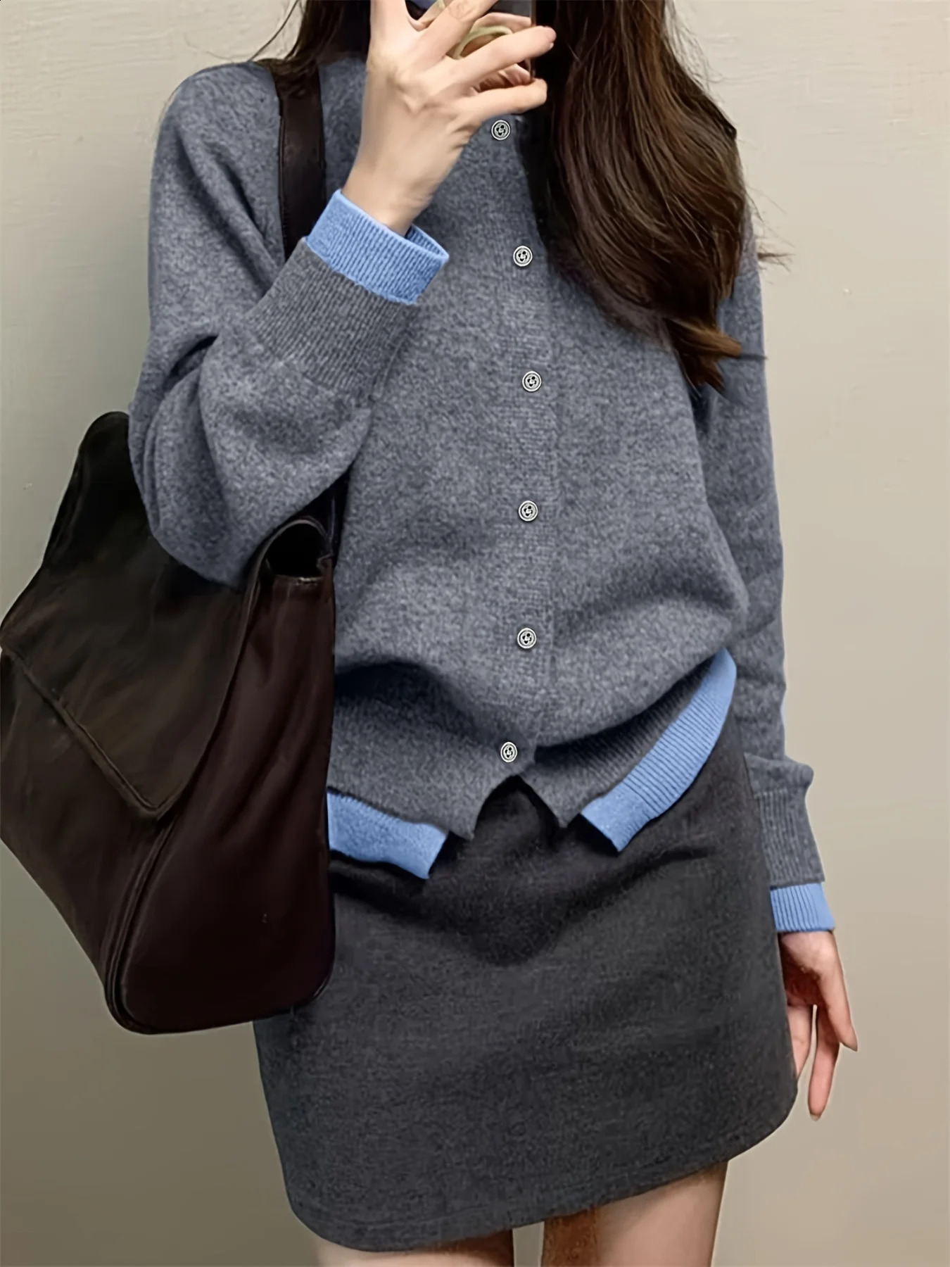 Autumn and Winter Fashion Woman Sweater Gray Soft Knitted Top Casual Versatile Buttonup Cardigan Jacket 251022