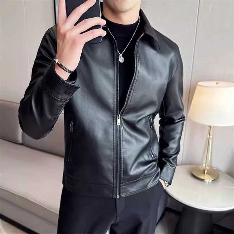 Spring Autumn Korean Style Leather Jacket Men Turn Down Collar Motorcycle Pu Leather Coats Fashion Mens Moto Biker Leather Tops W251023