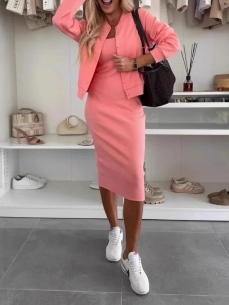 in Spring Summer Womens Collection Casual Suspender Dress Set Fashion Cardigan Jacket Tops Slim Long Skirt Twopiece Sets 251022