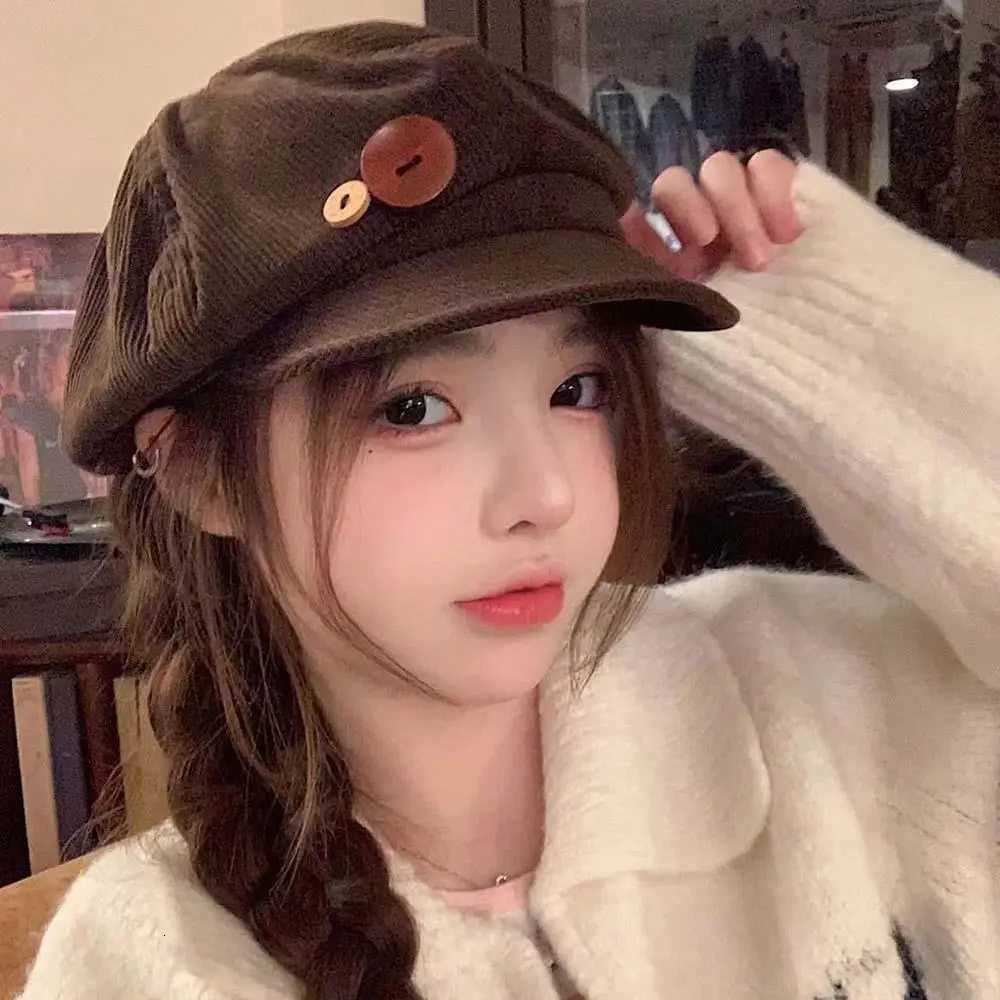 Vintage Corduroy Beret Hat For Wen Korean Button Octagonal Autumn Winter Painter Artist Hats Japanese Brown ed sW251023