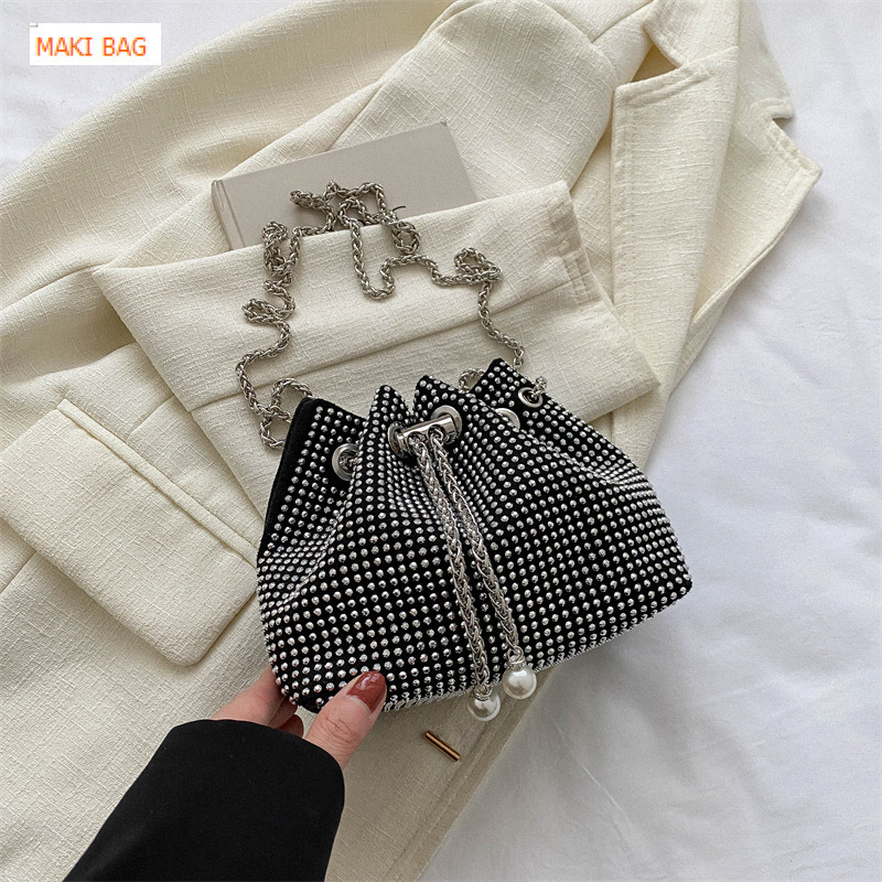 Diamond nail pull rope women's bucket shaped bag, shiny diamond rhinestone full diamond bag, hot selling high-end chain crossbody bag, designer b