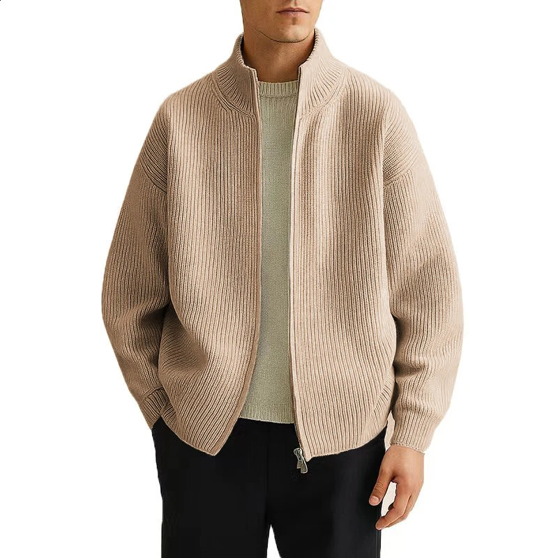 Mens Full Zip Cardigan Sweater Casual Mock Neck Ribbed Knitted Winter Chunky Sweaters Warm Outerwear Coats for Men 251023