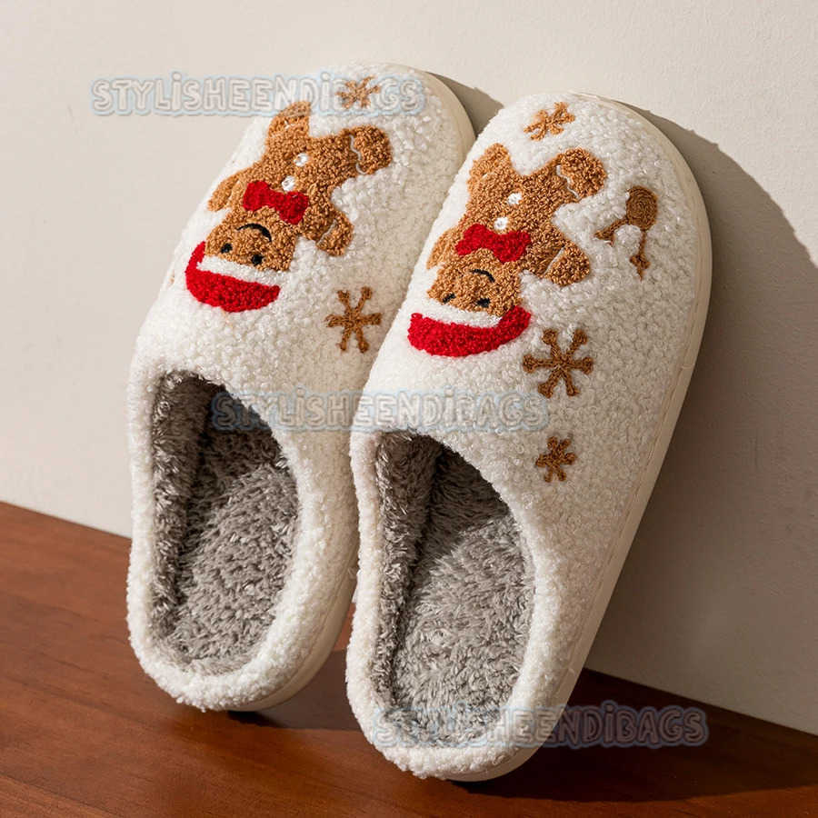 Womens Christmas Slippers Adorable Indoor Festival Gingerbread Man Embroidery Couple Fashion Winter Holiday Christmas Shoes H251023