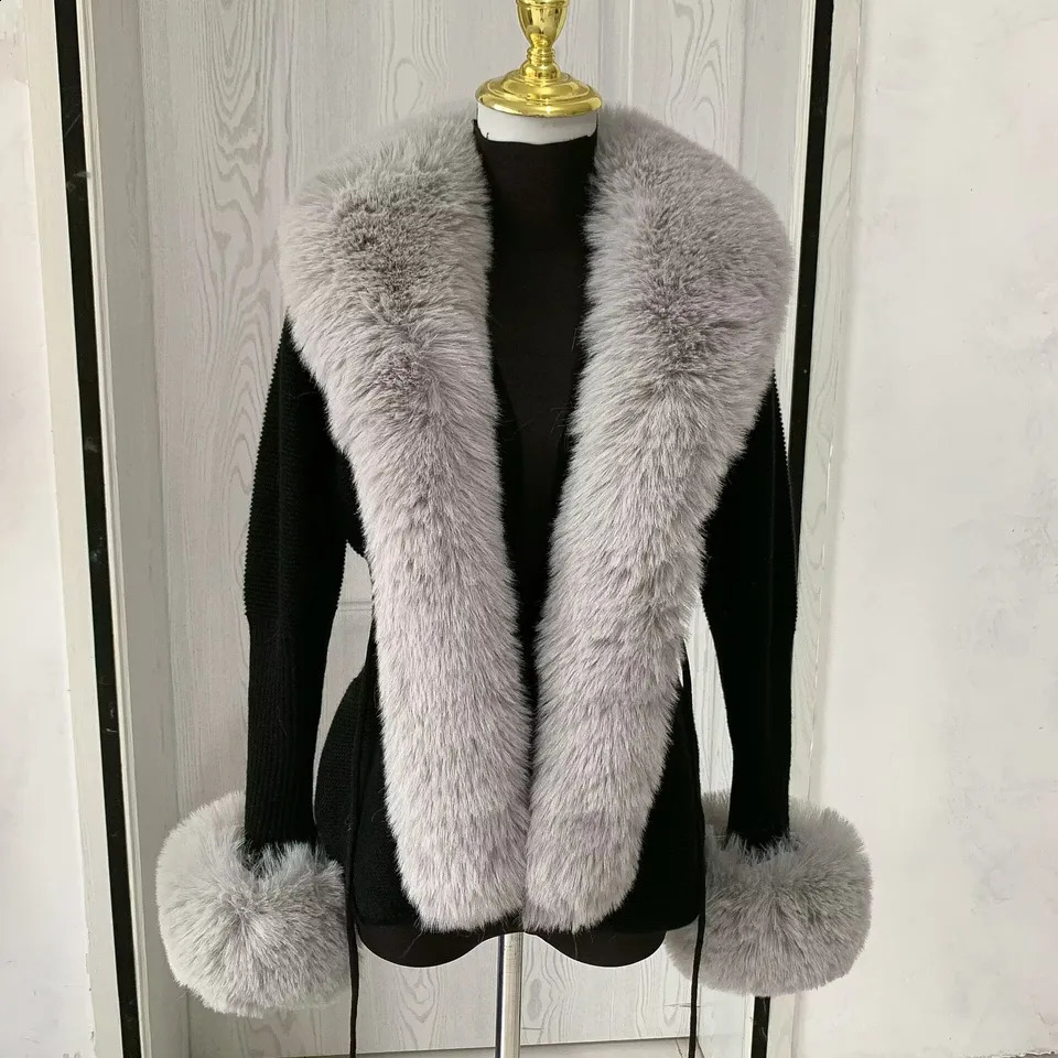 Women faux fur knitted cardigan with fox whole collar Autumnwinter y fashion sexy artificial 251022