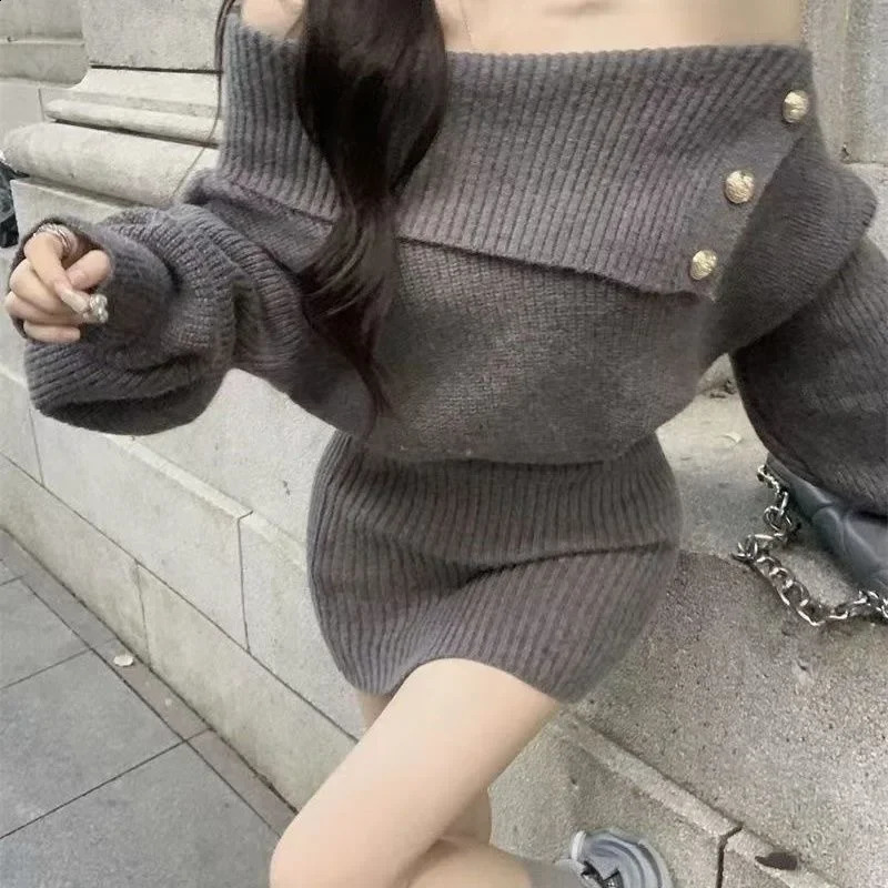 Shoulder Bared Knitted Sweater Dress Womens Autumn Winter Style Grey Wrap Waist Short Skirt Long Sleeve Dress 251020