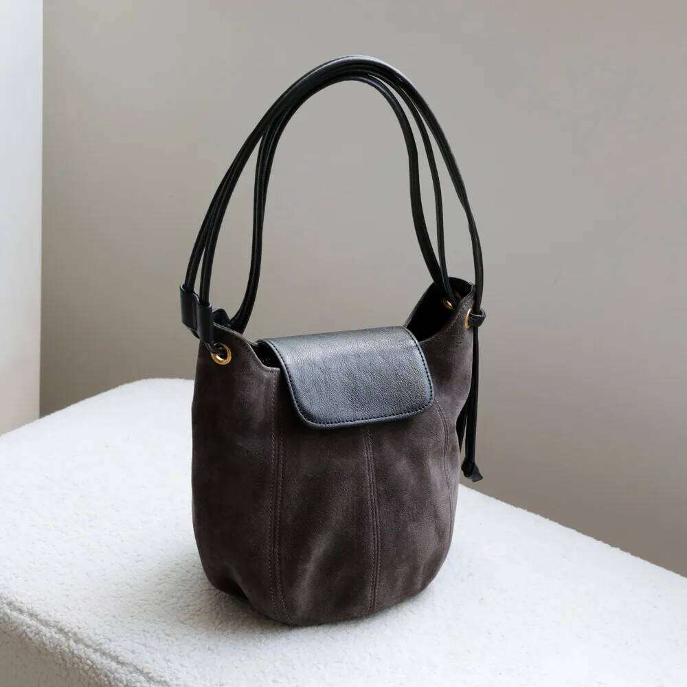 Niche Portable Matte Leather Bucket Women's High Mercerized Suede Contrasting Color Light Shoulder Messenger Bag