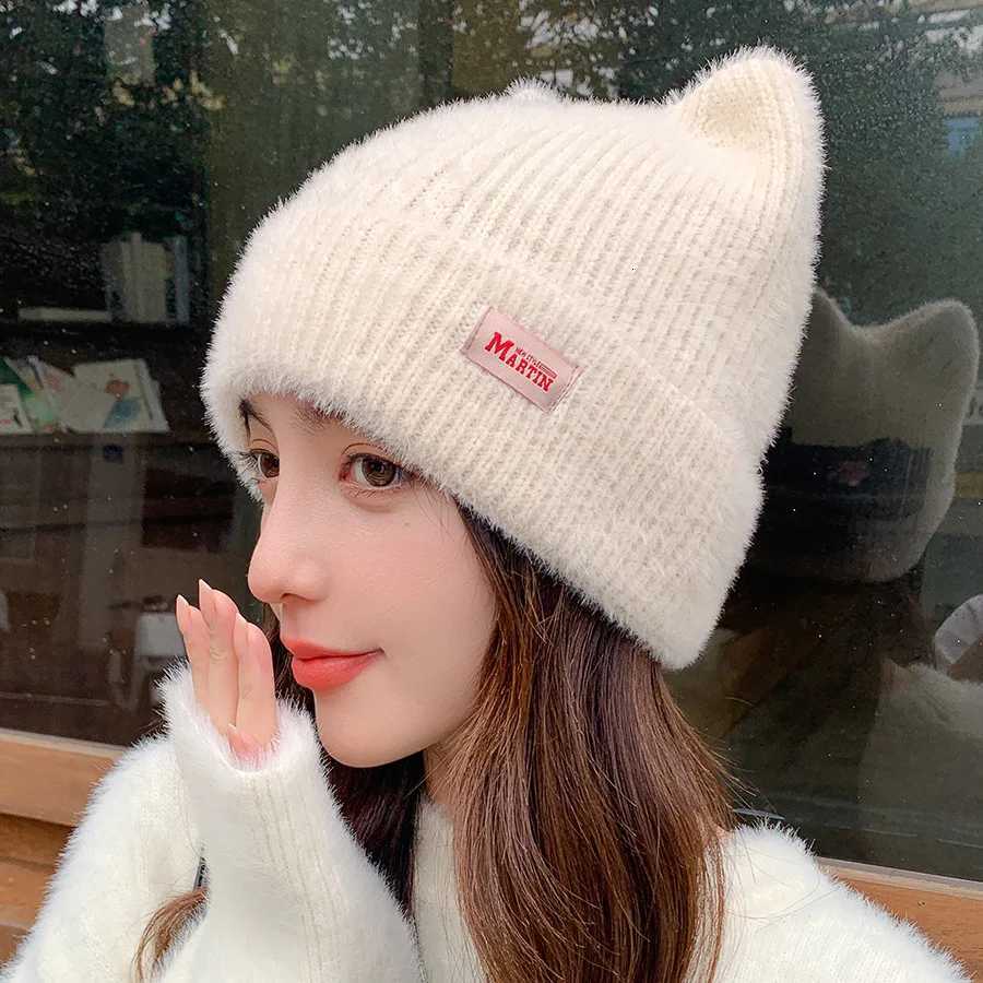 New Women Cute Cat Ear Earflap Winter Hat Fashion Faux Fur Knitted Hat Kpop Style Soft Beanie Hats Candy Female Streetwear CapXJ251023