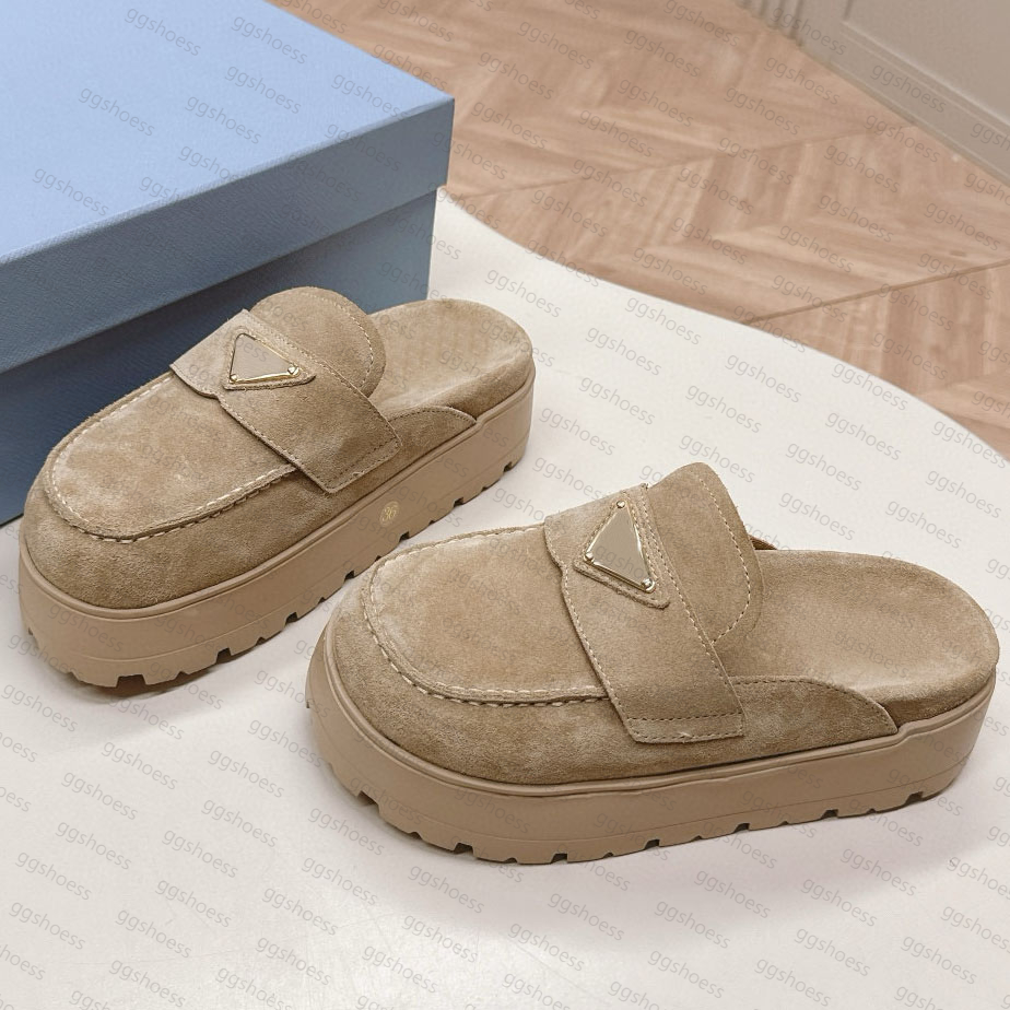 Top Quality Suede Flatform Mules Designer Comfortable Soft Nappa Leather Women Triangle Mark shearling Mules Slippers