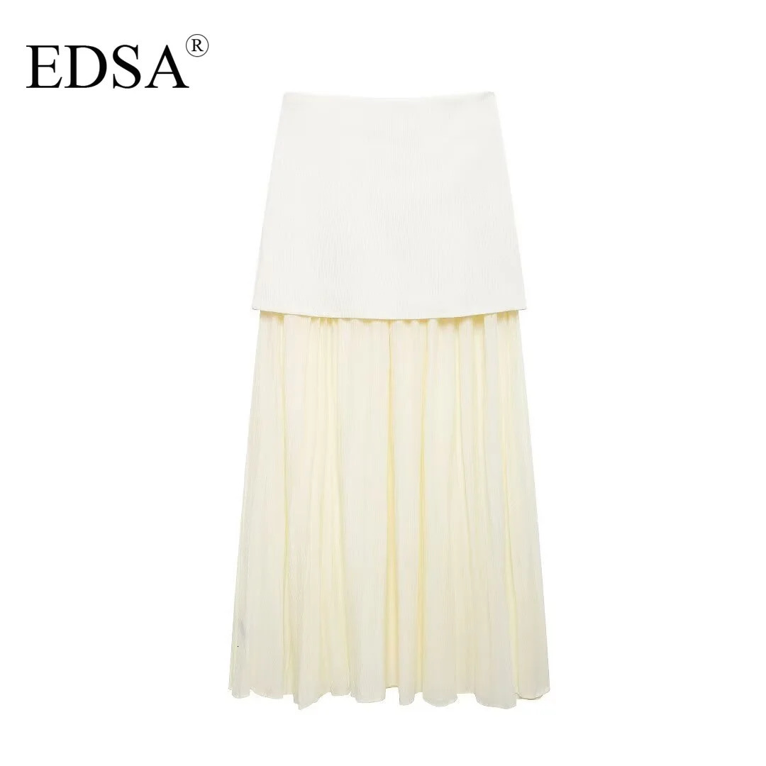 EDSA Women Combined Pleated Knit Skirt with Elasticated Waistband High Waist Semisheer Midi Skirt for Casual Female 251020