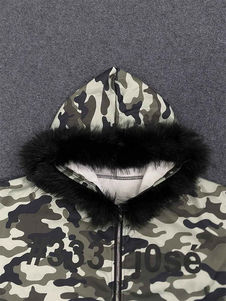Winter Camouflage Pattern Hoodie womens Warm Fluffy Fur Collar sweatshirt Casual Trendy Hooded zipup woman clothing 251022