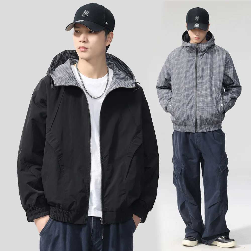 Double Sided Wearable Hooded Jacket Men Streetwear Fashion Business Causal Loose Plaid Cargo Jacket Cityboy Coat Outerwear W251023