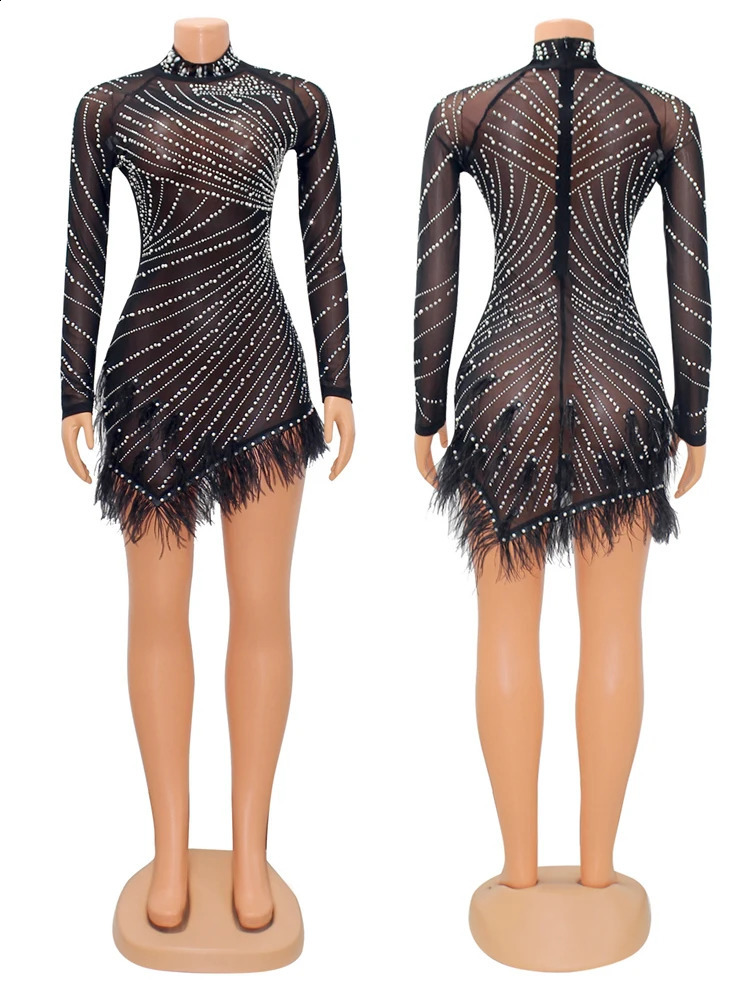 HBLL Sexy Pearls Rhinestone Party Dresses Women Elegant Nightclub Feather Birthday Dress Long Sleeve Mesh Sheer Bodycon Dress 251020