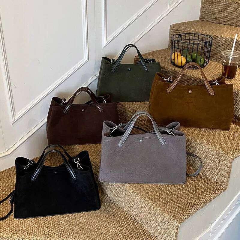 Women's Suede 2In1 Tote Retro Versatile Large-Capacity Snap Button Shoulder Crossbody Bag Foldable Commuter Underarm Handbag