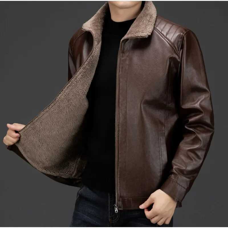 Mens Autumn and Winter Long Sleeved Leather Jacket with Fleece Collar for Warmth and Fashion Leather Jacket Men W251023