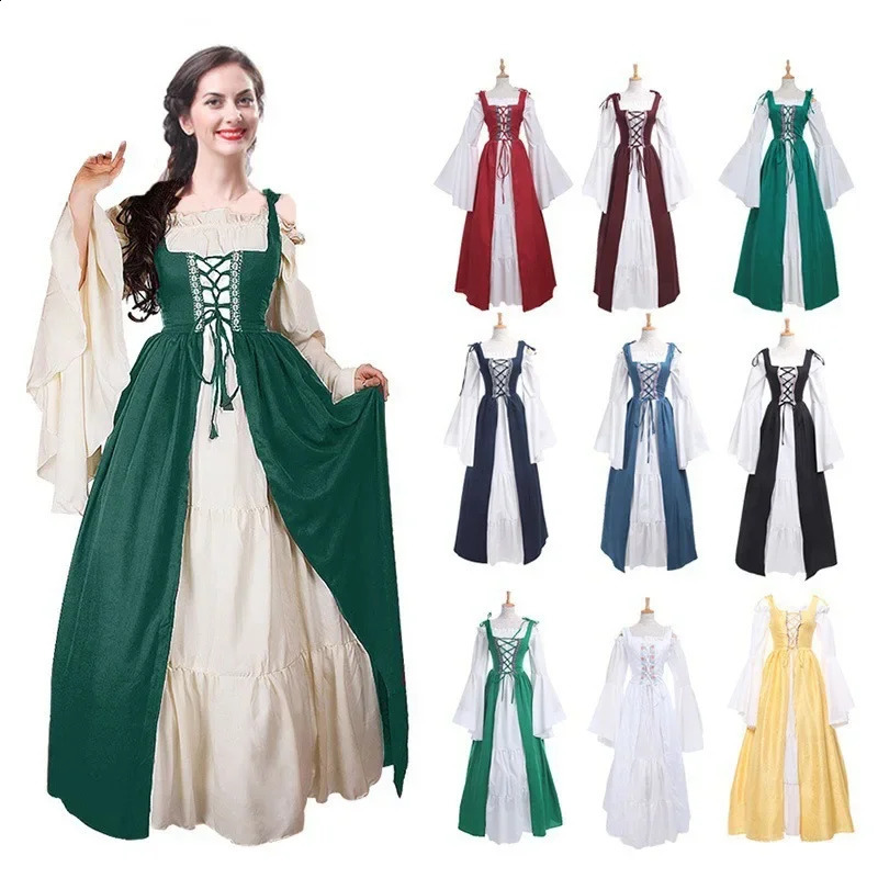 Retro Tie Waist Square Collar Middle Ages Renaissance Dress Full Sleeve round Neck Long Ankle Length Polyester Fiber 251022