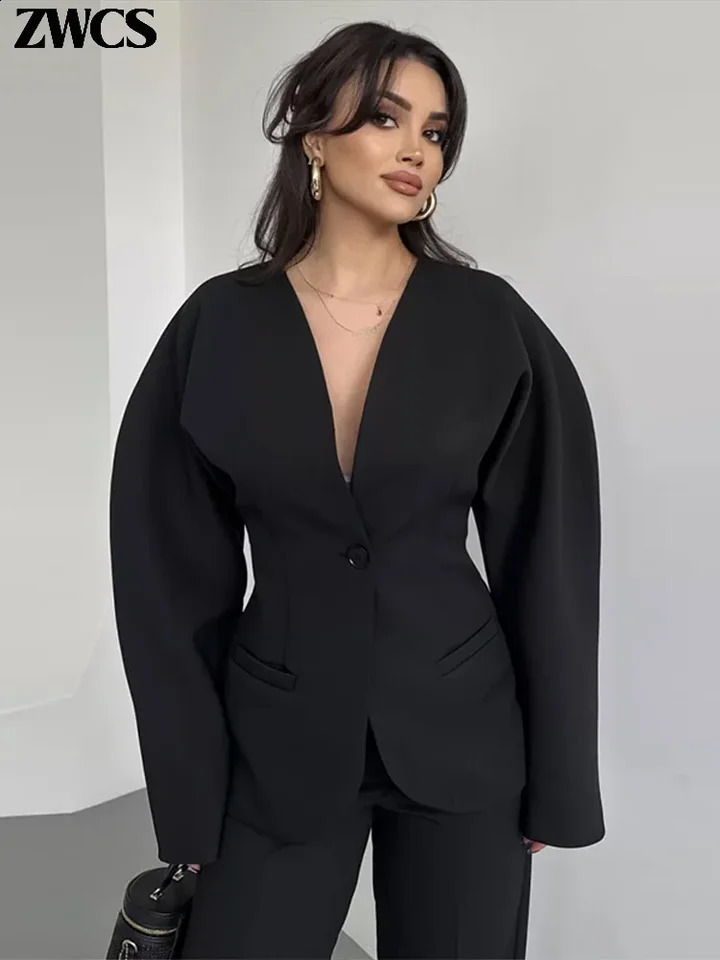 Elegant Vneck Blazers Coat Pants Set Women Solid Single Button Suit Coats Straight Long Trousers Autumn Office Lady Outfit 251022