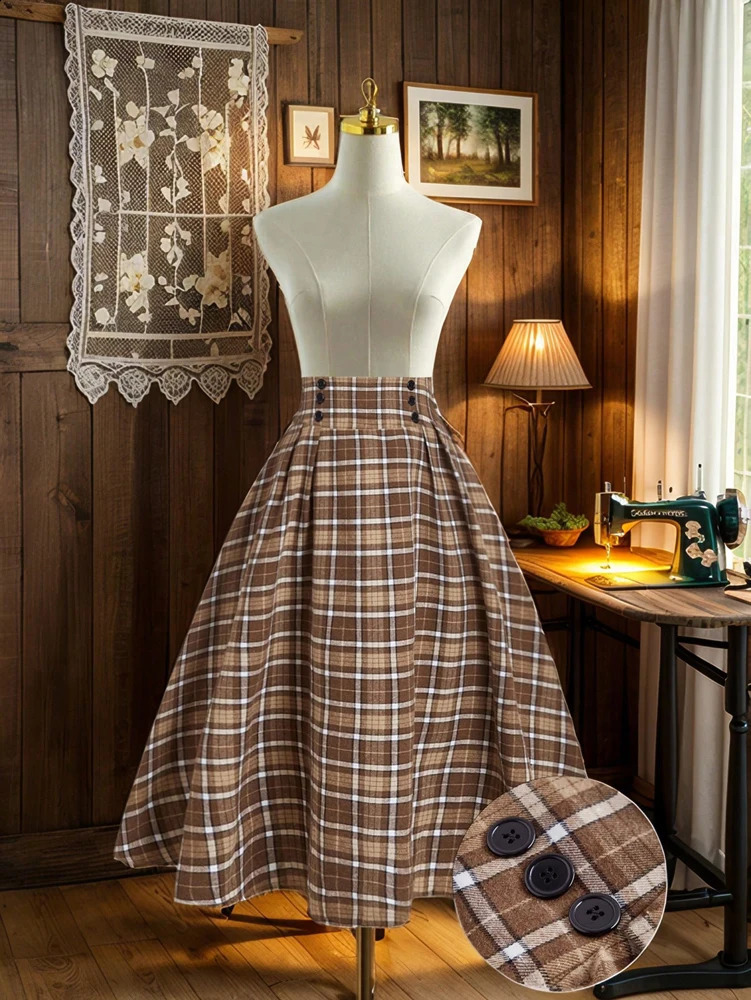 plus Size Vintage Artistic Brushed Plaid Versatile ALine Halflength Skirt 251022