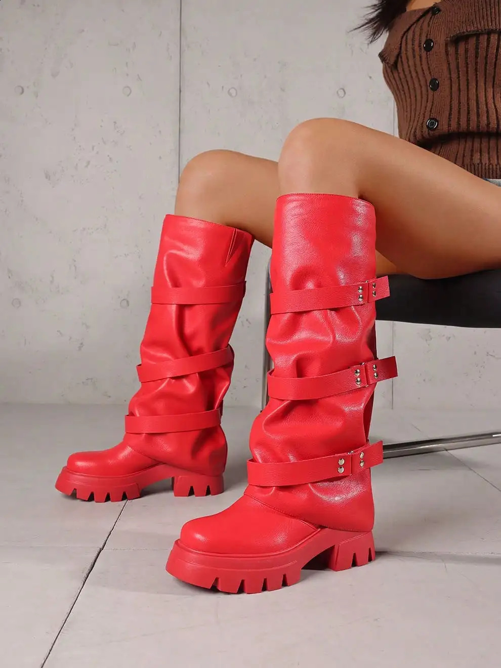 Womens Fold Over Knee High Boots Platform Motorcycle PullOn Knight Ruched Slouchy Fashion Dress Punk Goth Shoes 251011