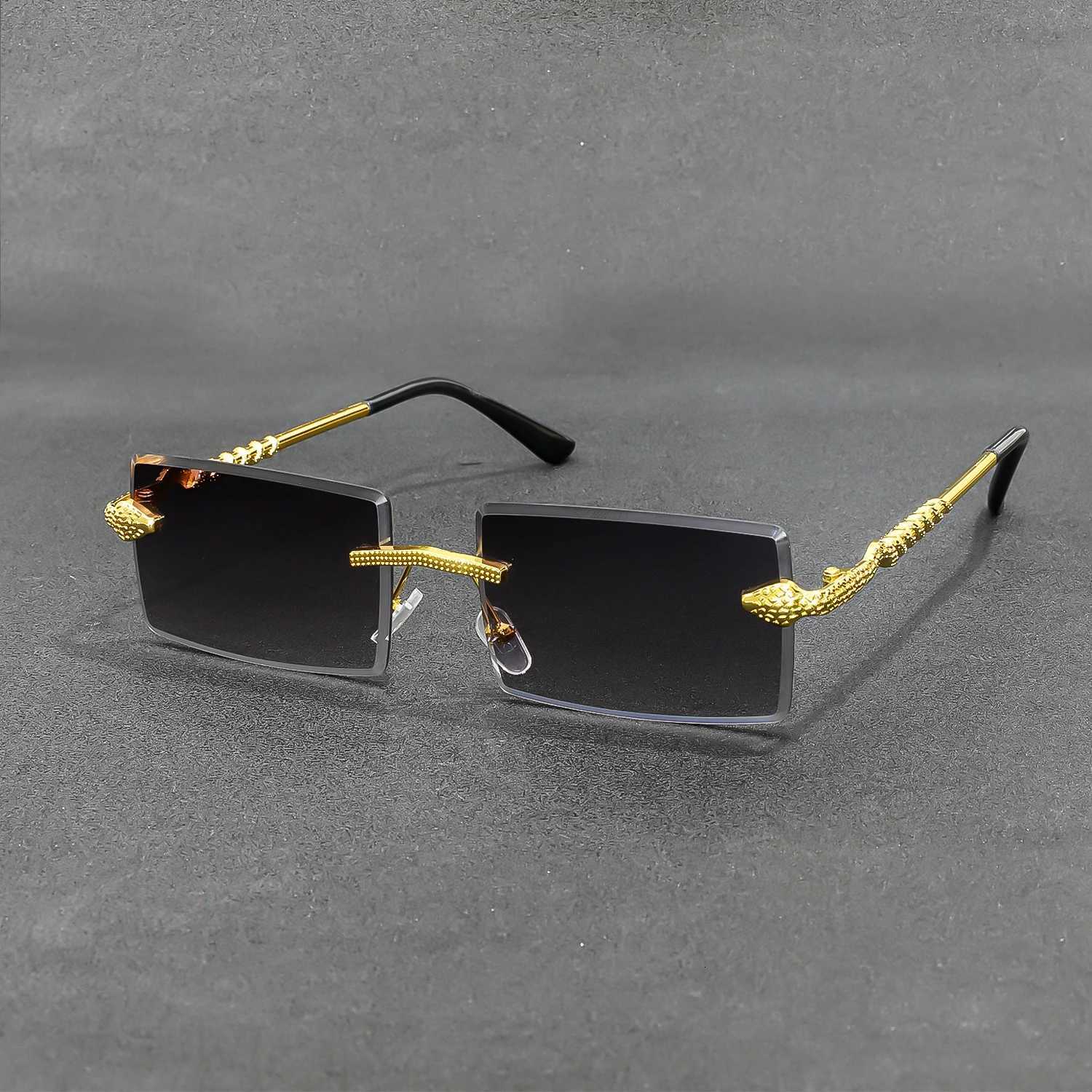 Rimless Rectangle Sunglasses Men Metal Gradient Gray Lens Big Frameless Sun Glasses Women UV400W251023