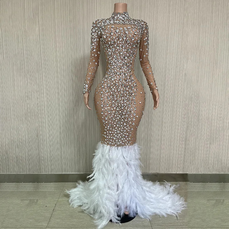 Shiny Crystal Diamond Elastic Tight Feather Splice Dress Empress Cross dress Show Prom Dress Performance Costume 251020