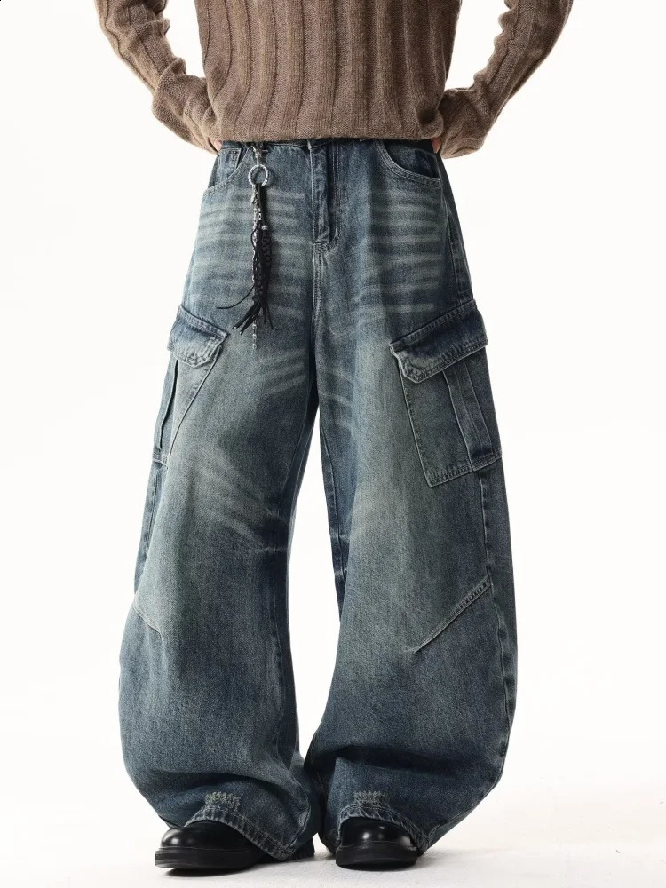 2025 Trashy Y2K Style Distressed Blue Baggy Pleated Cargo Jeans Pants For Men Clothing Straight Retro Denim Trousers Moda Hombre 251018