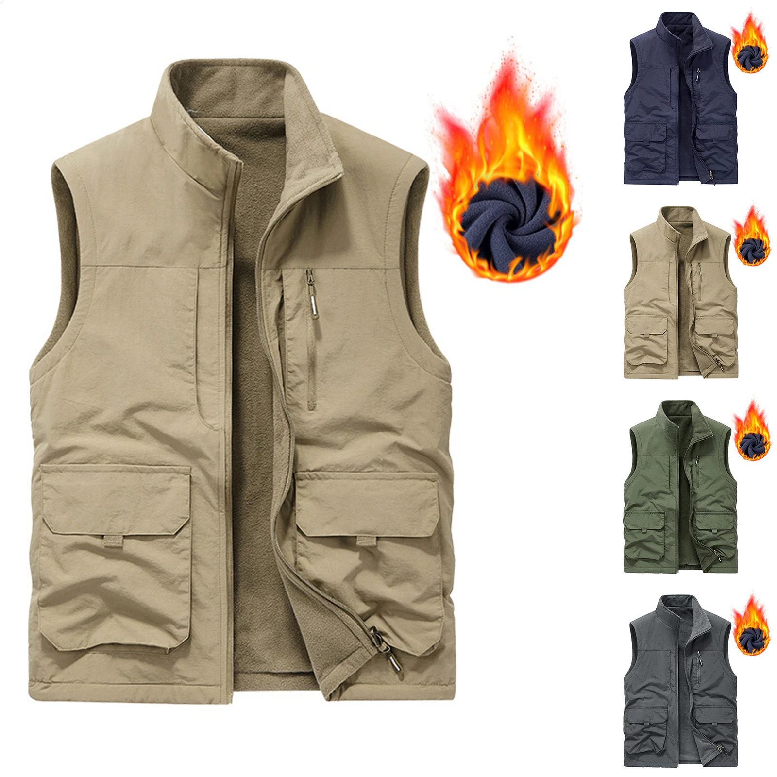 Mens Winter Fleece Cargo Vest Outdoor Multi Pocket Sleeveless Jacket Warm Thick Work Waistcoat Leisure Solid Color 251023