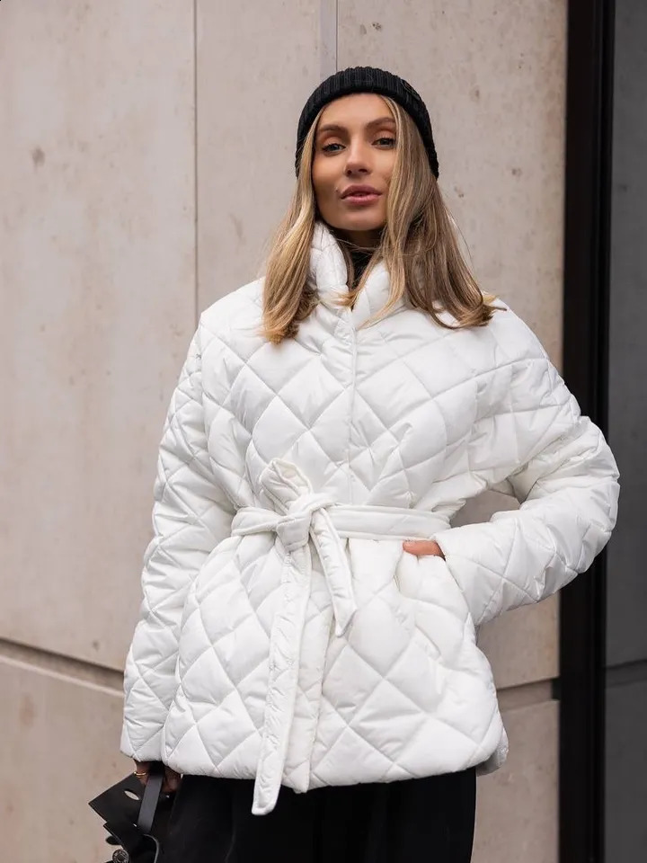 Lace Up Cotton Coat Lady Fashion Casual Stand Collar Vneck Full Sleeve Loose Outerwears Women Winter Daily Commute Street Coats 251021