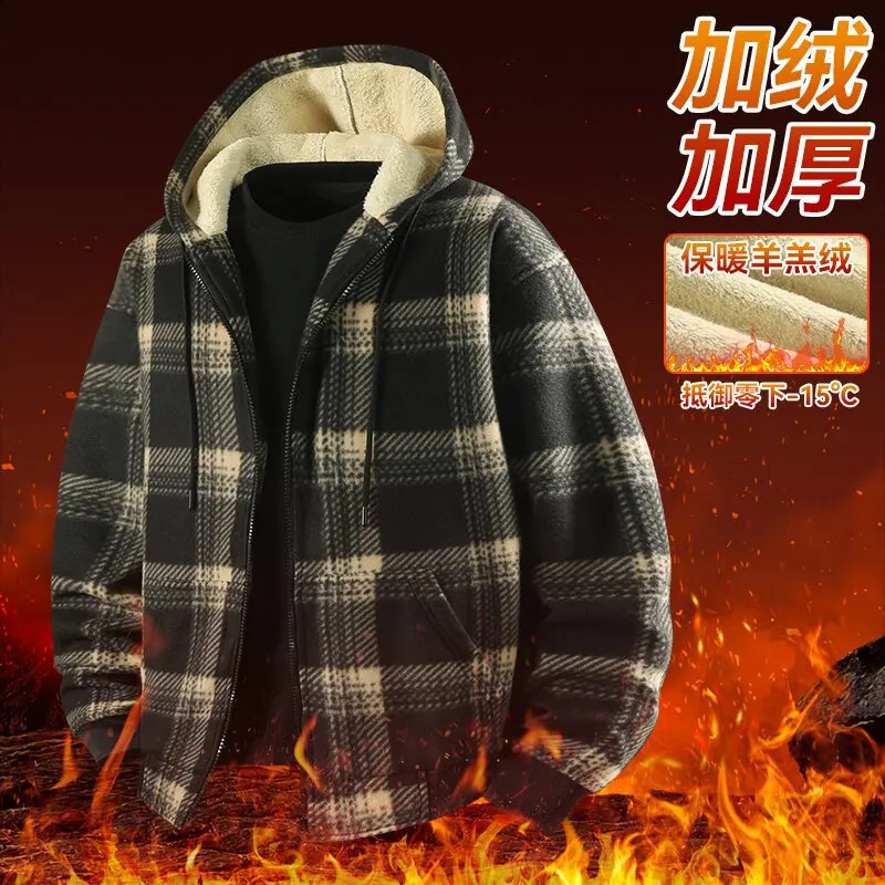 Winter Fashionable Trendy Grid Thickened Warm Lamb Fleece Jacket for Mens Casual Loose Sports Large Size High Quality 251023