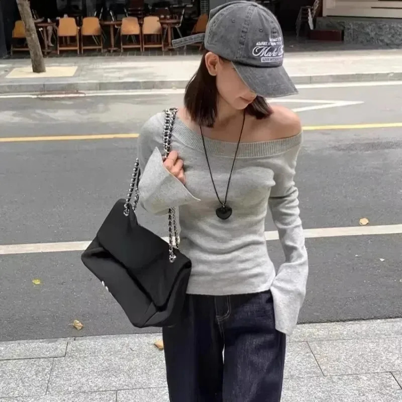 Sexy Pullovers Women Off Shoulder Cropped Knitted Basic Clothes Autumn Allmatch Side Slit Simple Tender Slim Gentle Seductive 251023