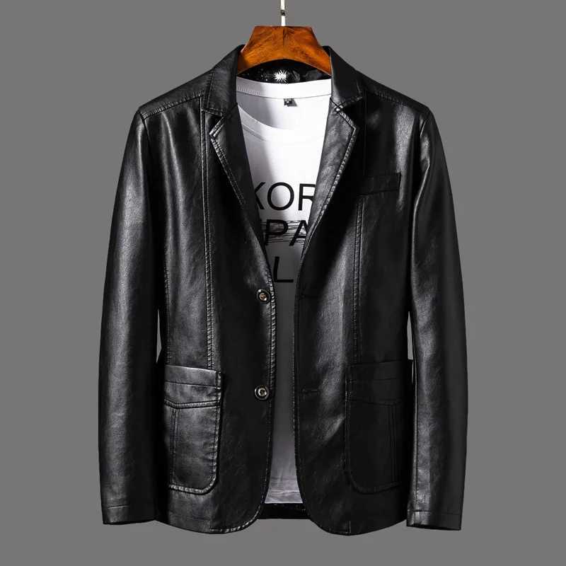 Single Breasted Men Faux Leather Long Sleeve Solid Jacket Leathers Cardigan Outerwear Turn Down Collar Spliced Pockets 2025 W251023