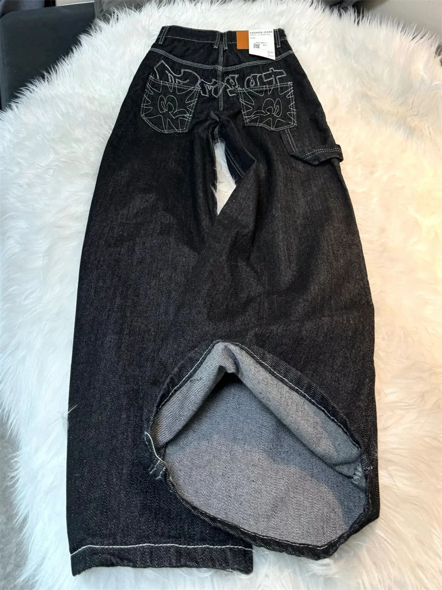 Y2k Embroidered Black Wide Leg Jeans Women American Retro Casual Loose Denim Pants Streetwear 2025 High Waist Baggy Trousers 251023