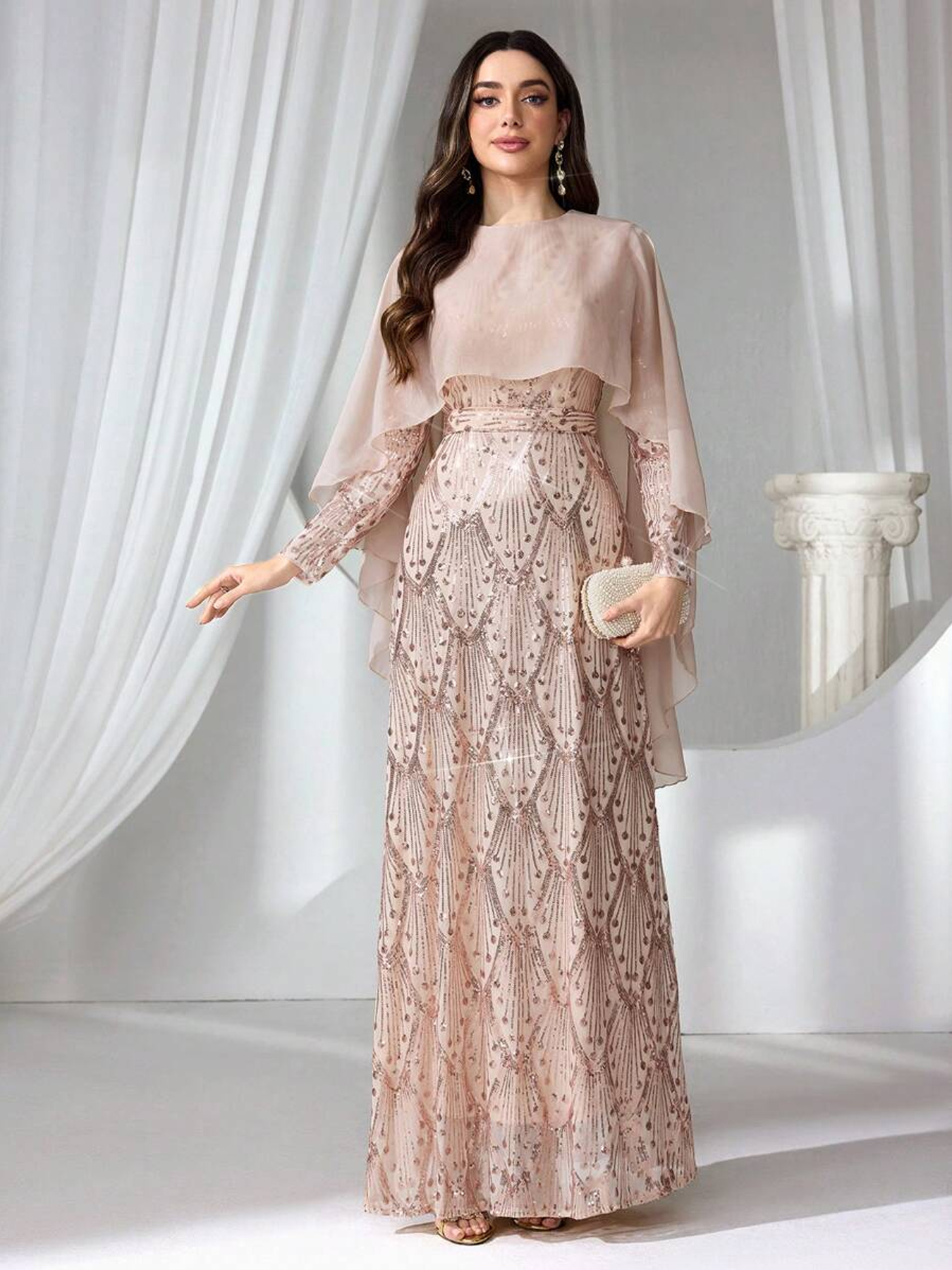 Women's Mememe Brand Sequin Evening Dress with Cape Design, Embroidered Pattern Elegant Formal Gown (S-XL, Champagne)-D350