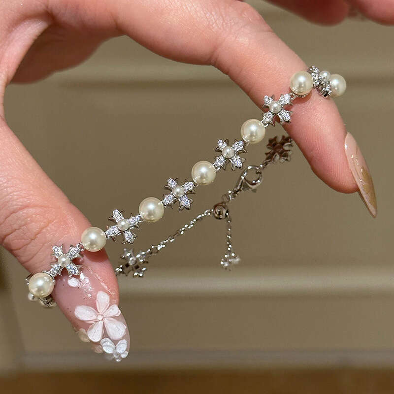 Sweet Cool Fashionable Exquisite Pearl Cross Adjustable Bracelet