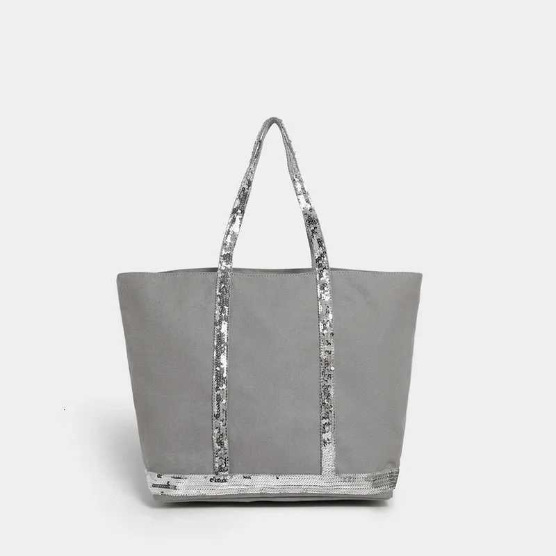 Sequin Canvas Zipped Tote BagLarge Capacity Vintage Contrast Color Women Shoulder BagDesigner Commuter Everyday HandbagBlackL251023