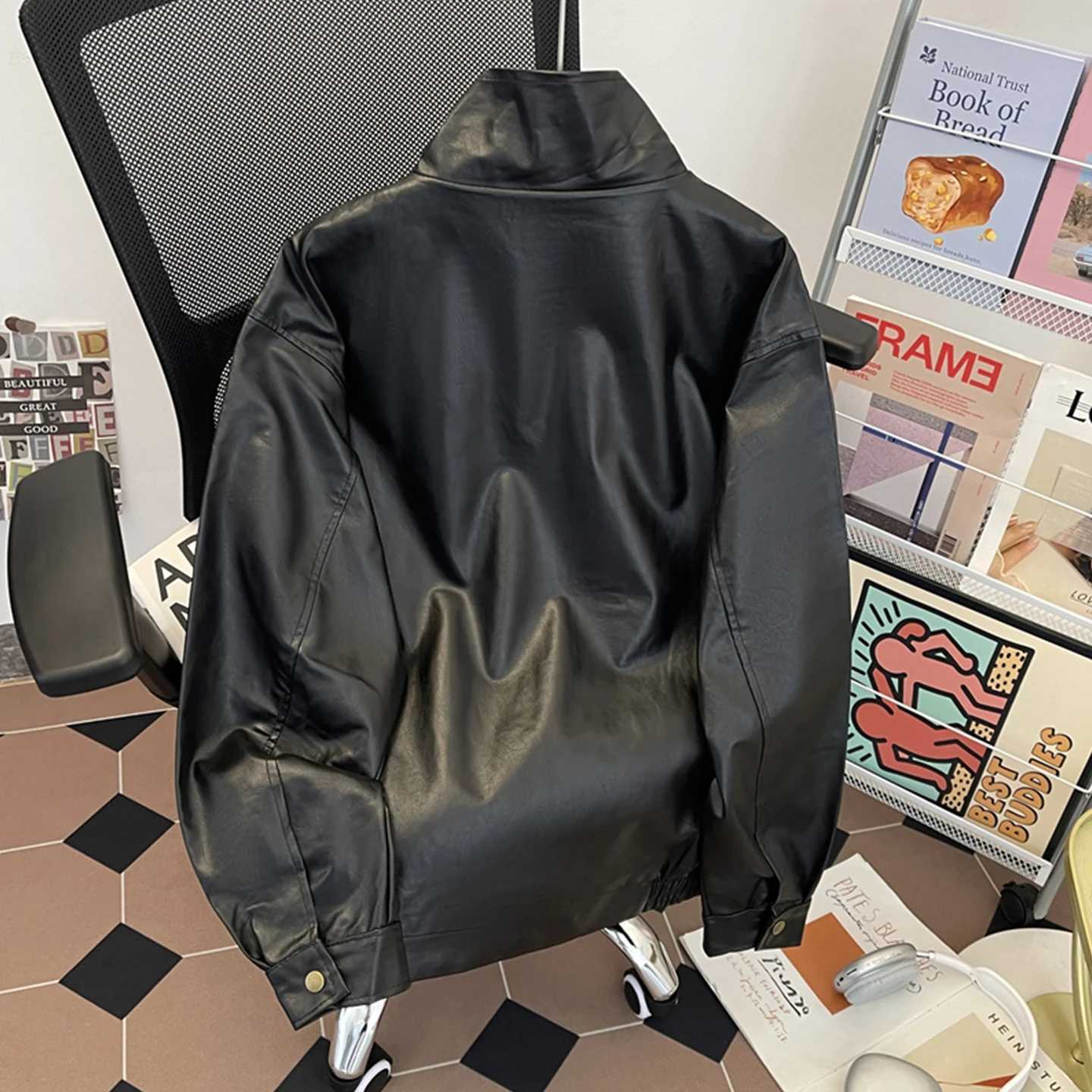 Stand Up Collar PU Leather Jacket For Men Spring Autumn Black Windproof Coat American Casual Fashion Retro Moto Biker Jackets W251023