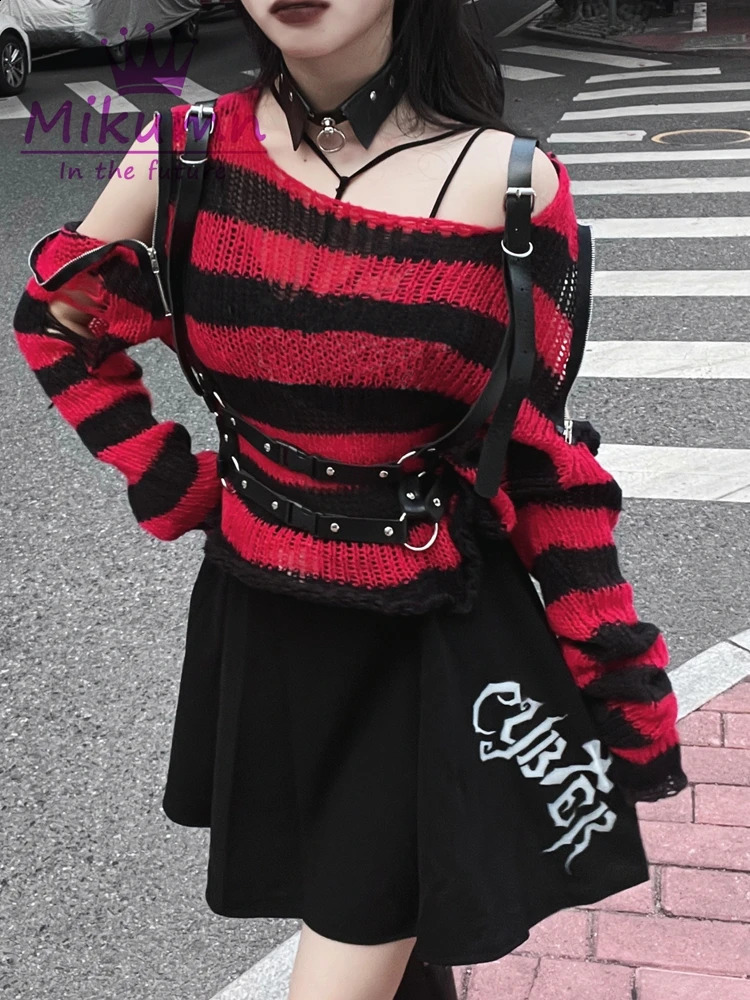 Harajuku Y2k Punk Rock Zipper Sexy Off Shoulder Sweaters Women Gothic Black Grey Red Stripes Broken Hole Loose Knitted Jumpers 251023