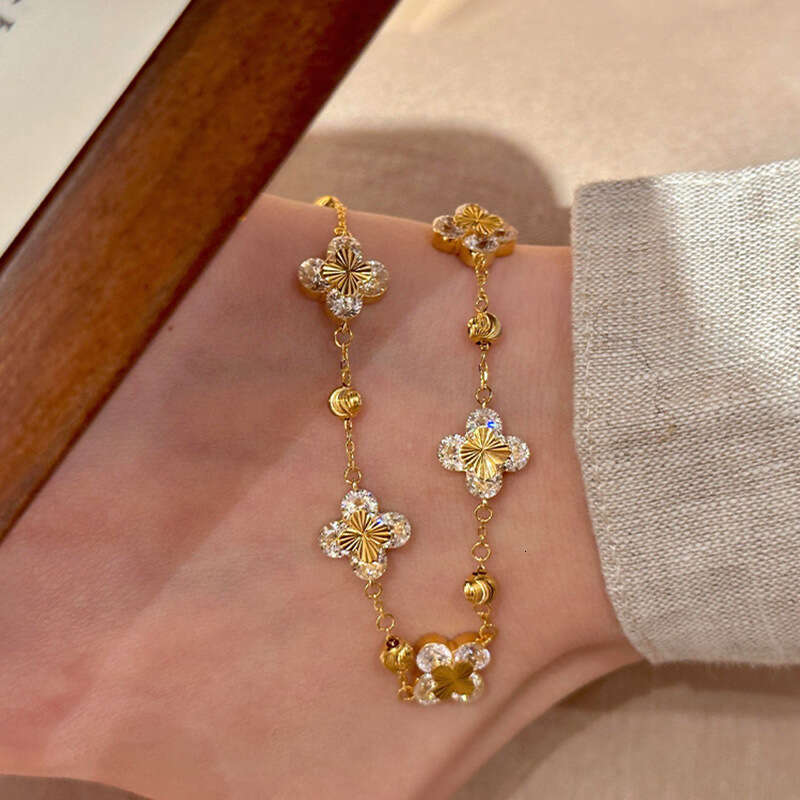 gold Crushed Ice Laser Four-Leaf Flower Bracelet Elegant Layered Style Jewelry