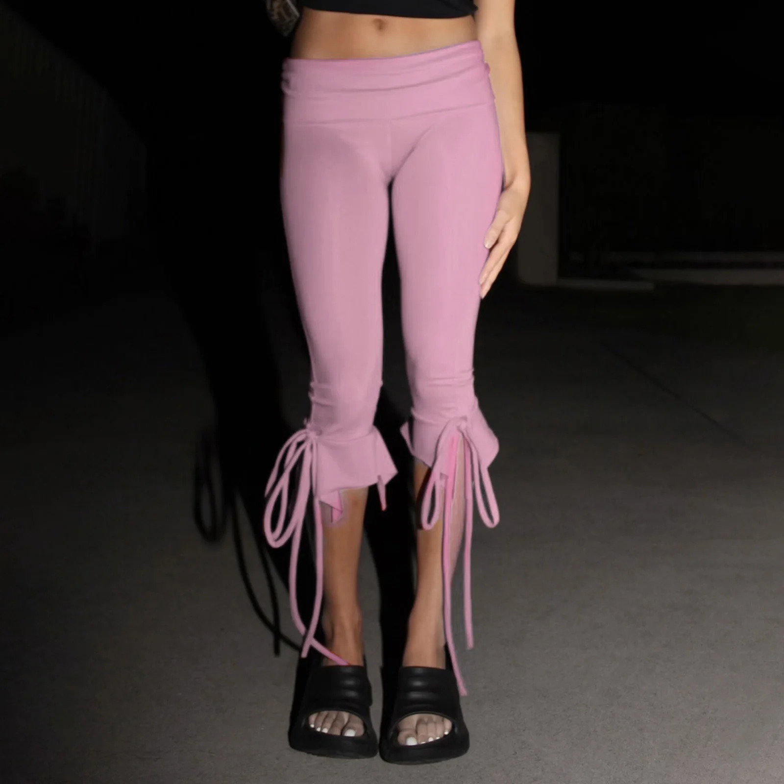 Women Pants Solid Color Elastic Waist TieUp Summer Casual Cropped Pants Stretch Crop Leggings Y2K Vintage Streetwear 251022