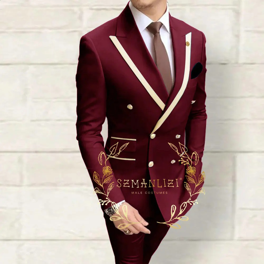 Double Breasted Mens Suits Navy Blue Peaked Lapel Slim Fit Wedding Groomsmen 2 Piece Sets Jacket Pants Costume Homme 251023