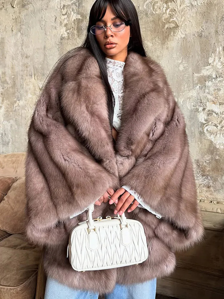 Women Fluffy Faux Fur Coat Fashion Lapel Long Sleeve Loose Pleated Jackets Winter Female Chic High Street Outerwear 251021