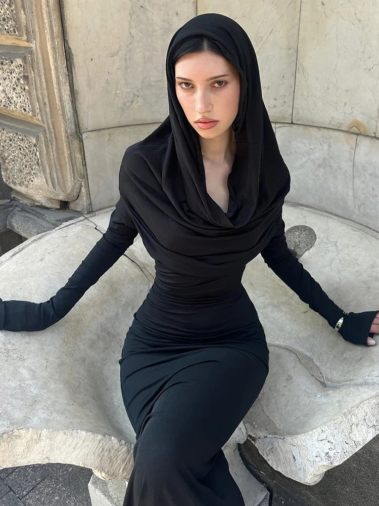 Sisterlinda Casual Hooded Long Dresses Woman Autumn Trend Swing Collar Full Sleeve Skinny High Stretch Solid Elegant Vestidos 251022