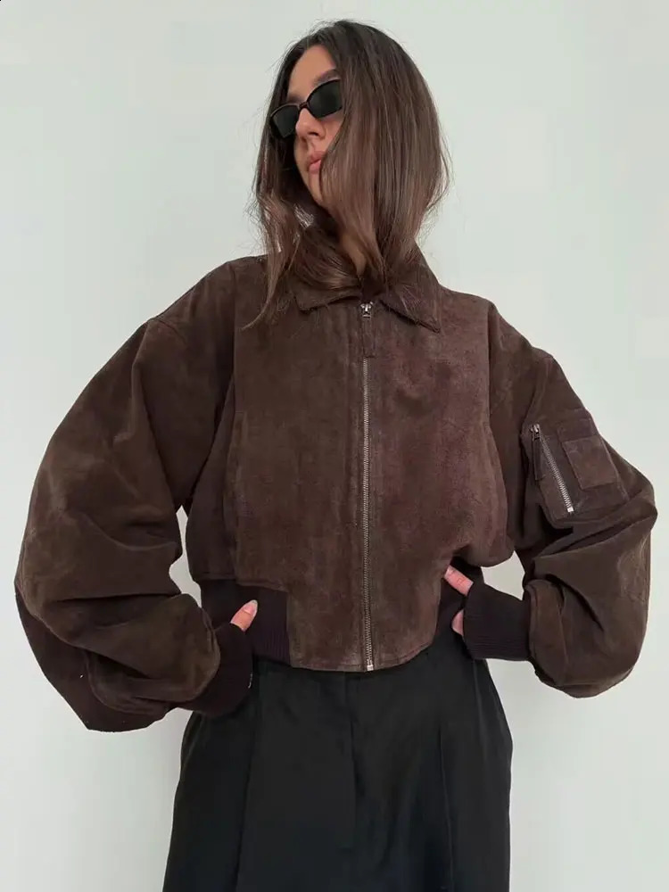 HH Female High Street Suede Bomber Jacket 2025 Autumn Long Sleeve Zipper Vintage Solid Lapel With Pockets Trendy Coats 251018