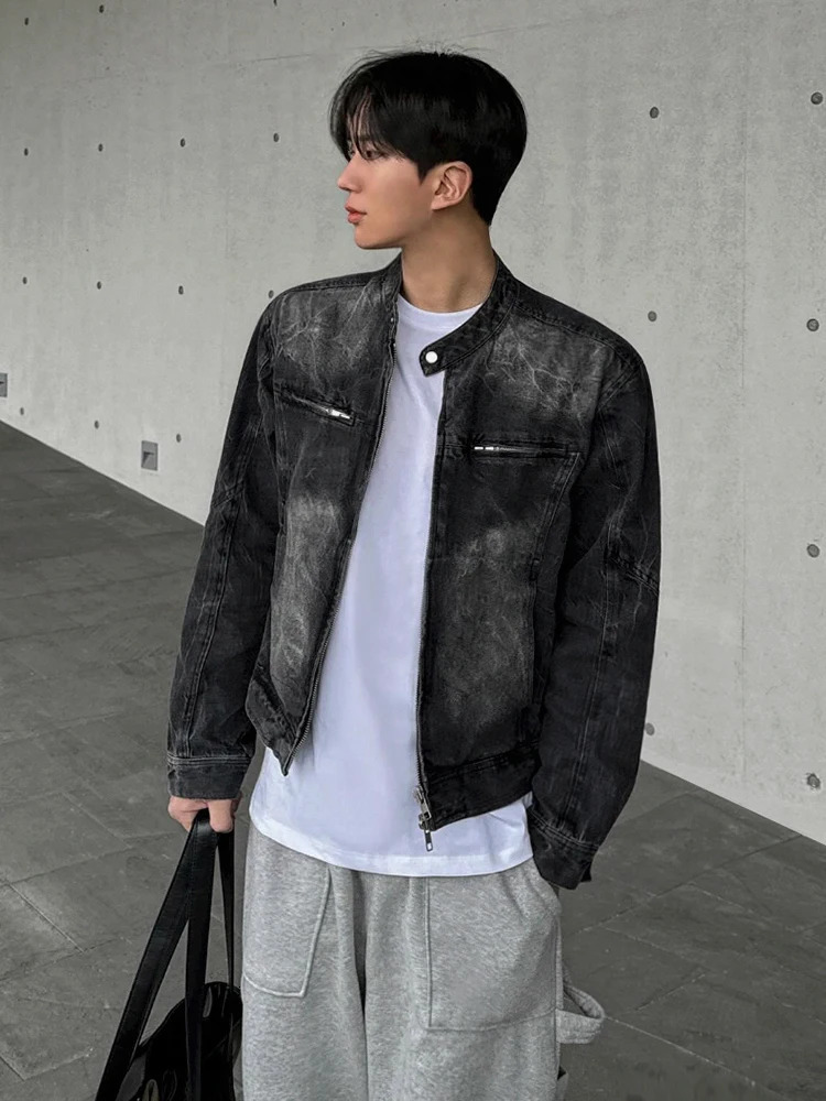 SYUHGFA Korean High Street Mens Denim Jackets Stand Collar Zipper Loose Solid Color Male Short Coats 2024 Autumn 251017