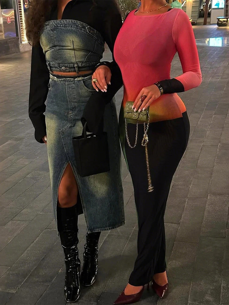 Weird Puss Sexy Patchwork Maxi Dress Women Gradient Color oNeck Full Sleeve Peach Hip Elegant Simple Evening Prom Party Bodycon 251022