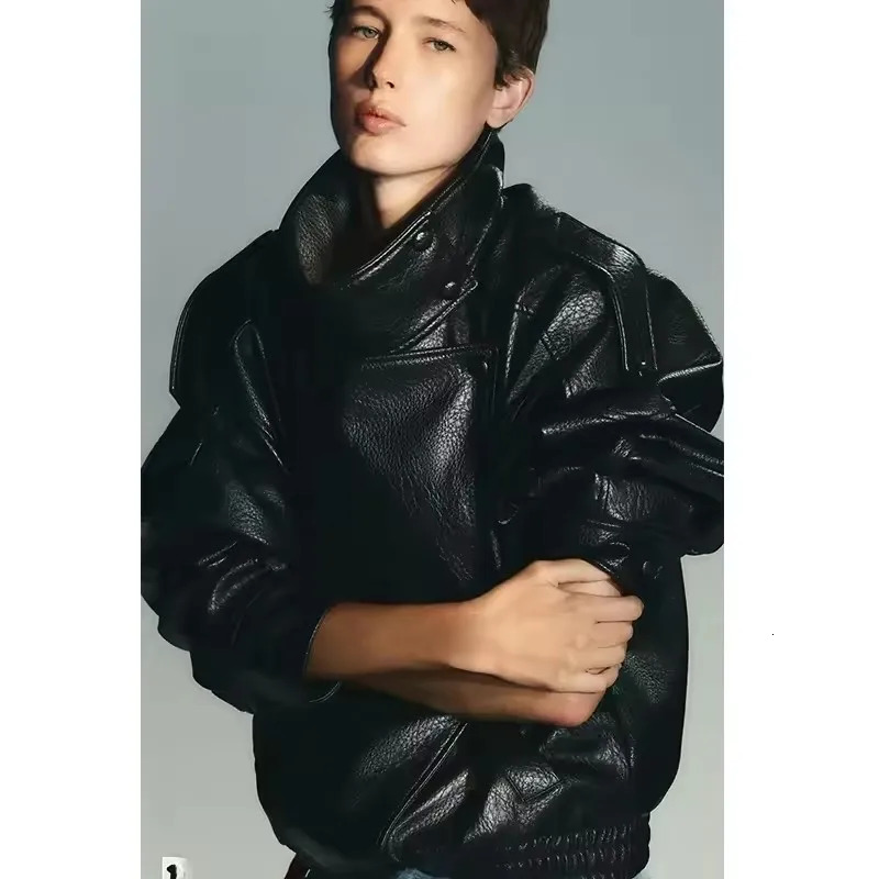 American Y2K Faux Leather Stand Collar Jacket Mens Womens Black Zipper Jacket Stitching Retro Motorcycle Clothing Casual Coats 251020