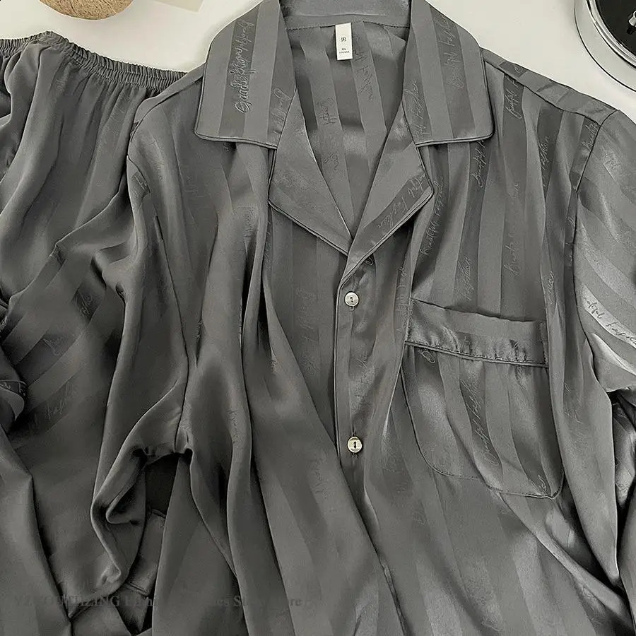 Men 2PCS Pajamas Set Loungewear Print Stripe Sleepwear Long Sleeve Trouser Suits Loose Silky Satin Home Clothes Night Wear 3XL 251021